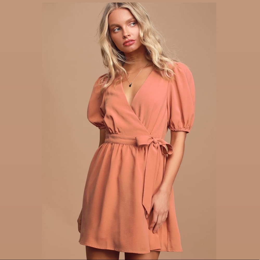 Lulus Rusty Rose Puff Sleeve Wrap Mini Dress